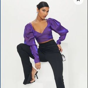 Purple Metallic Puff Sleeve Cropped Blouse
